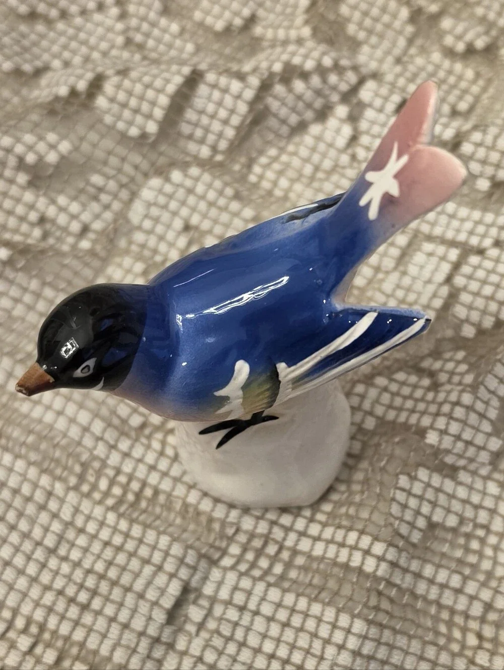 Vintage Japan Porcelain Bluebird Figurine Small Ceramic Bird Tree Stump